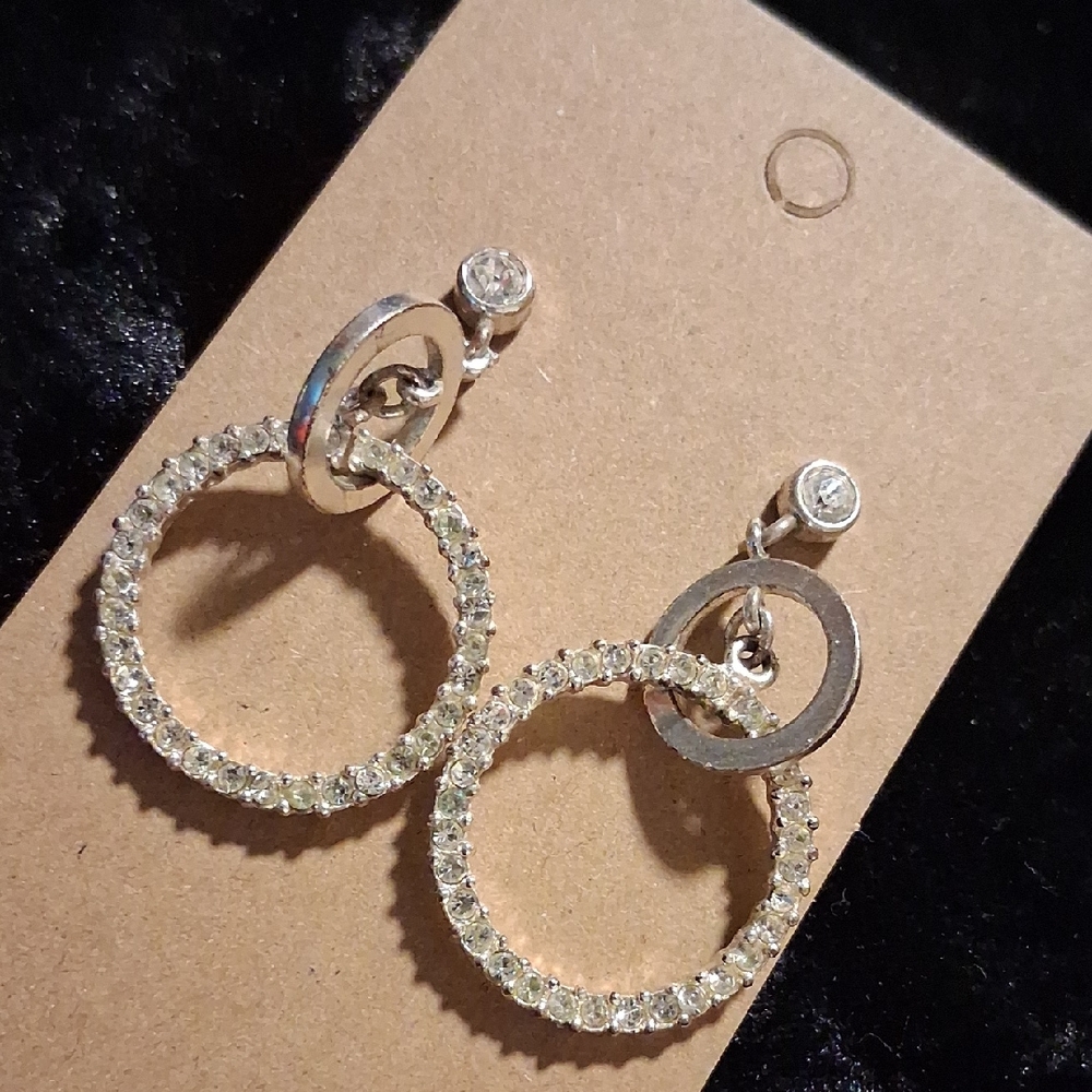 Rhinestone Double Hoop Drop Earrings - Silver